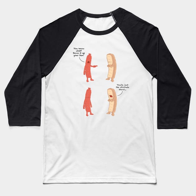 Hot Dog Fight Baseball T-Shirt by MiguelFeRec
